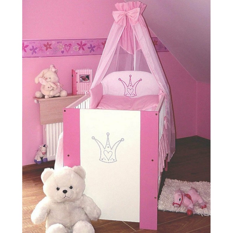 BB Lit bébé 120 x 60 cm avec Matelas Sommier à lattes Set de lit 9 pièces  Couleur couronne rose