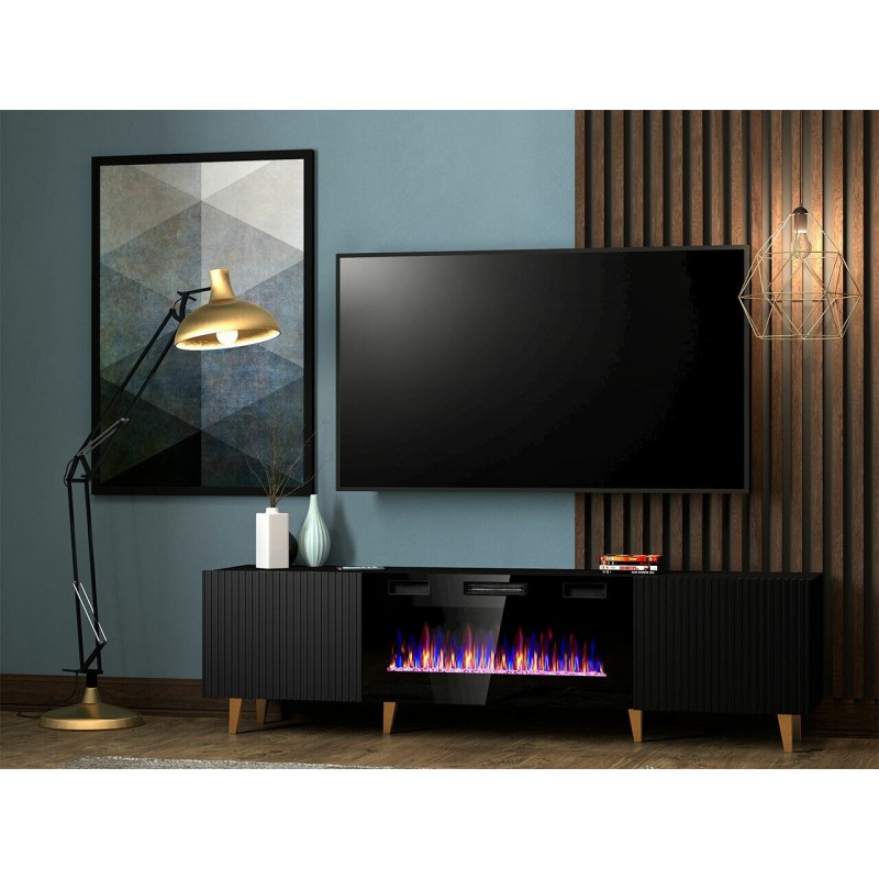 Meuble TV Noir 180x49x40cm Avec Cheminée chauffante intégrée